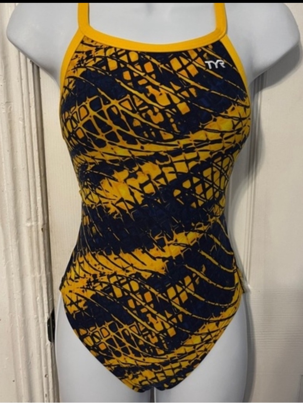 TYR Navy and Yellow Abstract-Print One-Piece Swimsuit Size 30 (0-2)
